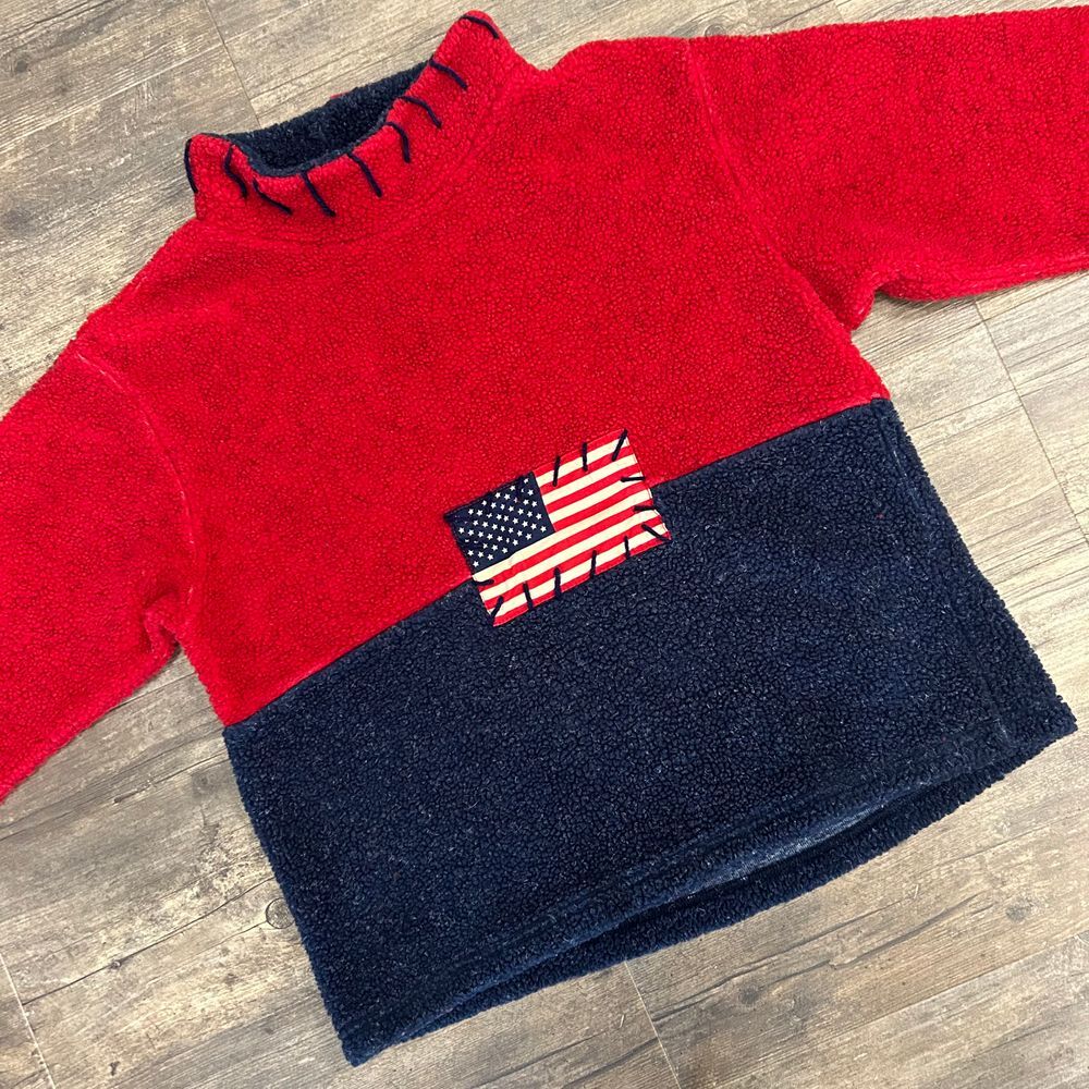 Vintage Real Comfort American Flag Fleece‎ Women Pullover USA Made NO SIZE TAG